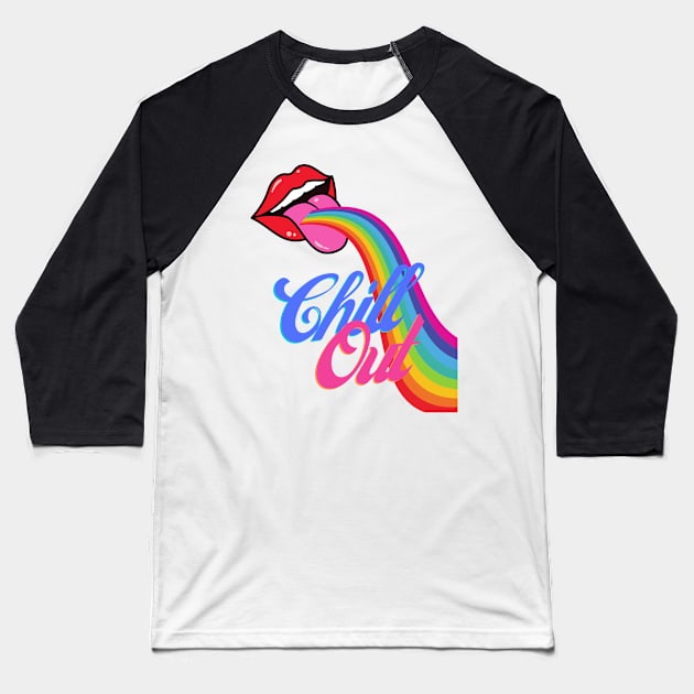 Chill Out Rainbow Lips Retro Baseball T-Shirt by MalibuSun